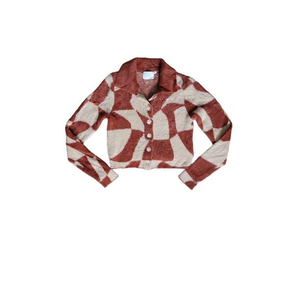 Lush Wavy Check Button Front Collared Super Soft Abstract Cardigan Sweater Small - Picture 1 of 5